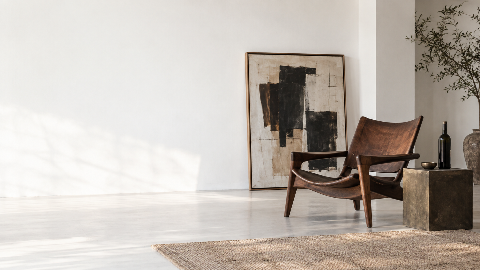 Fauteuil vintage et œuvre abstraite dans un intérieur clair